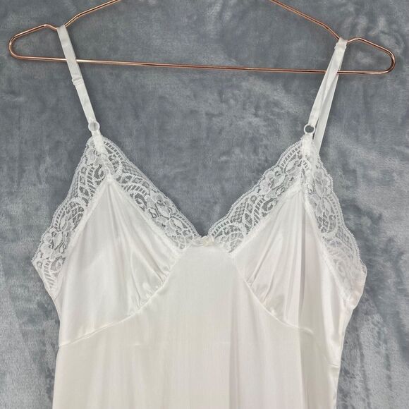 Vintage Adonna Full Slip Womens 36 White Silky Satin Lace V-neck - Picture 2 of 14